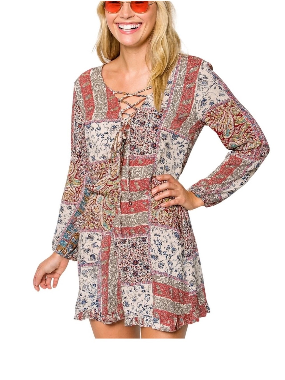 American Eagle Outfitters Patchwork Lace-Up Romper in Red and Cream